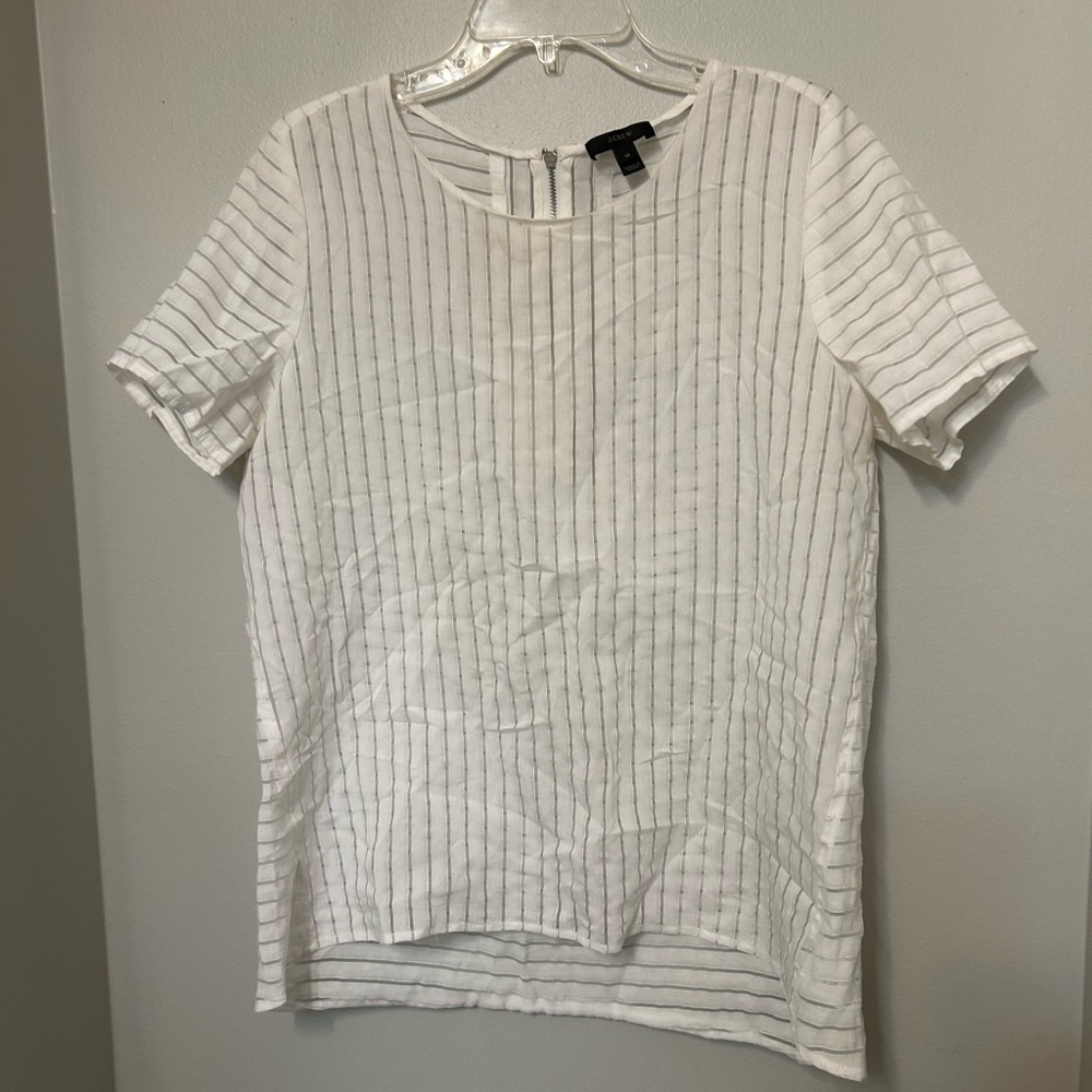 J. Crew Blouse White Sheer Striped Shirt Back Zip Sz 10 Career Minimalist Preppy